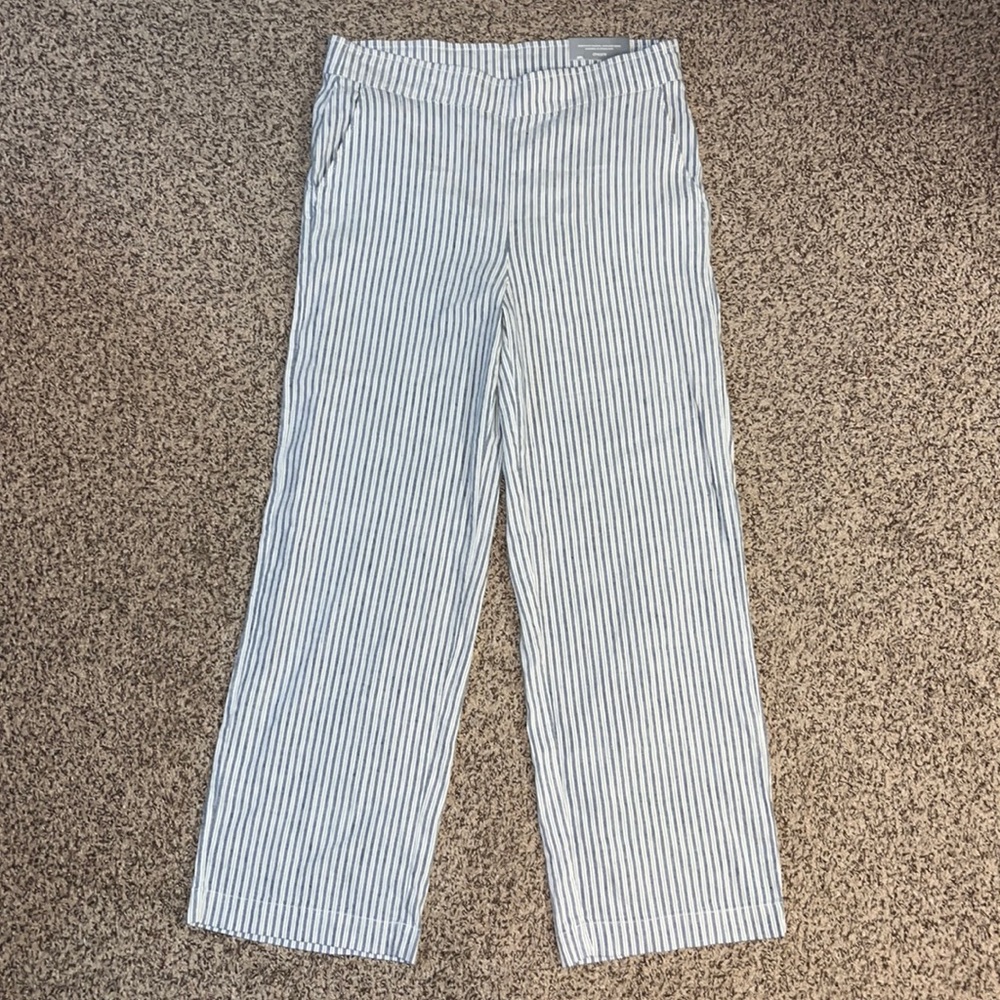 Chico’s Linen Elastic Pull On RR Stripe Wide Leg Pant. Blue and White. NWT